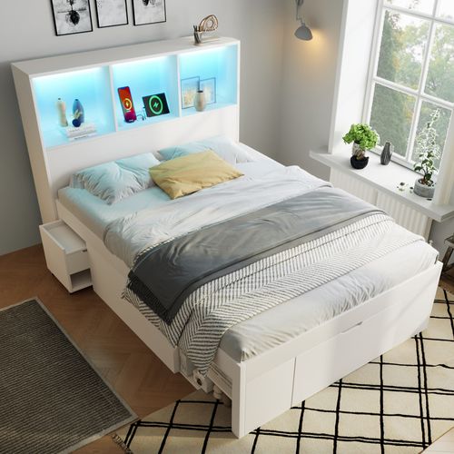 Lit Simple 90x200 Cm Avec Tiroir De Rangement Et Chevet Mobile Blanc