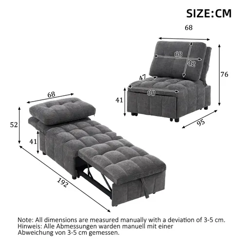 Fauteuil Convertible Gris 68 X 95 X 76 Cm Pour Petit Espace