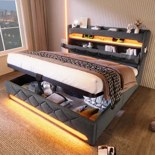 Lit Coffre 140x190 Cm Avec Tête De Lit De Rangement Gris