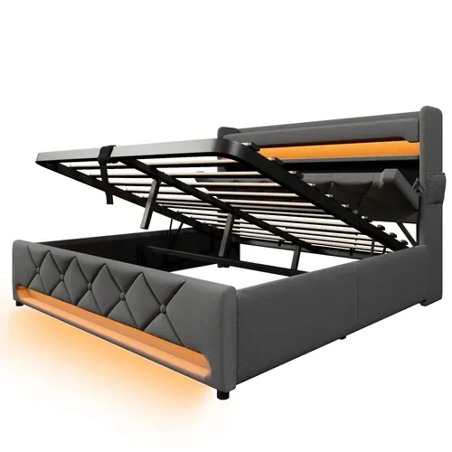 Lit Coffre 140x190 Cm Avec Tête De Lit De Rangement Gris