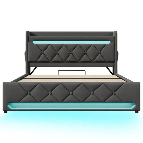 Lit Coffre 140x190 Cm Avec Tête De Lit De Rangement Gris