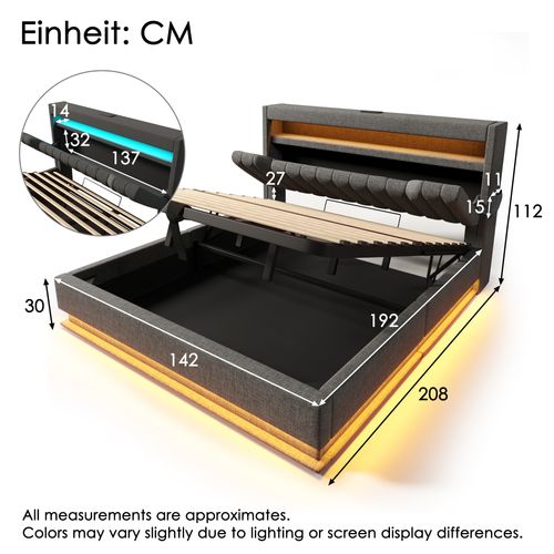 Lit Coffre 140x190 Cm Avec Rangement Et LED Tissu Gris