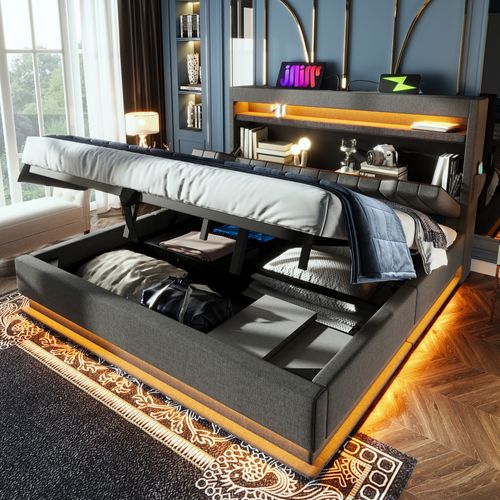Lit Coffre 140x190 Cm Avec Rangement Et LED Tissu Gris