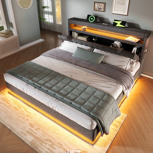 Lit Coffre 140x190 Cm Avec Rangement Et LED Tissu Gris