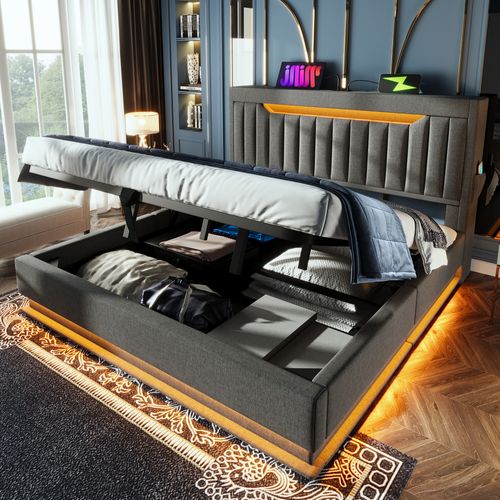 Lit Coffre 140x190 Cm Avec Rangement Et LED Tissu Gris