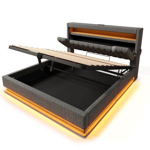 Lit Coffre 140x190 Cm Avec Rangement Et LED Tissu Gris