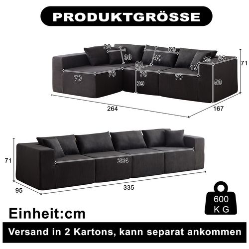 Canapé Angle Modulable 4 Pièces Sans Montage Revêtement Côtelé En Mousse Noir Pour Salon Intérieur