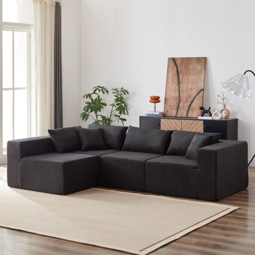 Canapé Angle Modulable 4 Pièces Sans Montage Revêtement Côtelé En Mousse Noir Pour Salon Intérieur