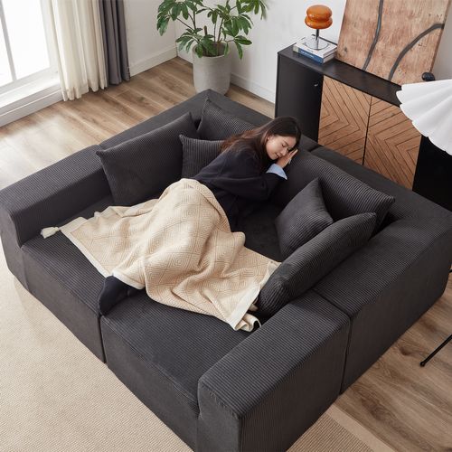 Canapé Angle Modulable 4 Pièces Sans Montage Revêtement Côtelé En Mousse Noir Pour Salon Intérieur