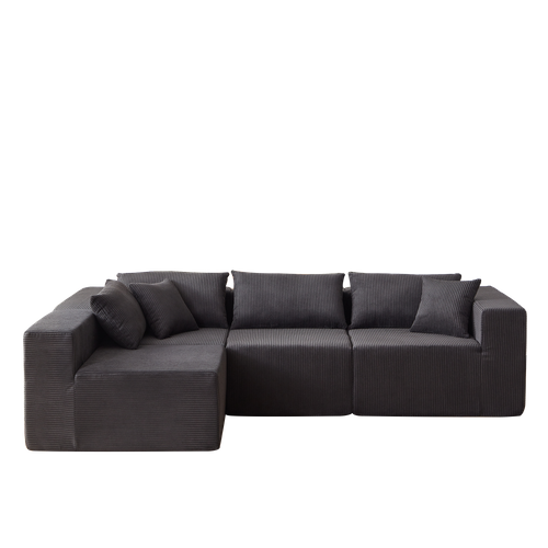 Canapé Angle Modulable 4 Pièces Sans Montage Revêtement Côtelé En Mousse Noir Pour Salon Intérieur
