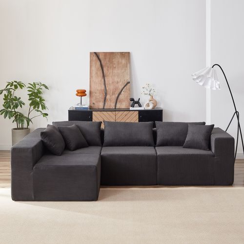 Canapé Angle Modulable 4 Pièces Sans Montage Revêtement Côtelé En Mousse Noir Pour Salon Intérieur