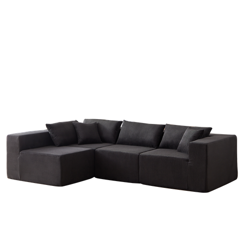 Canapé Angle Modulable 4 Pièces Sans Montage Revêtement Côtelé En Mousse Noir Pour Salon Intérieur