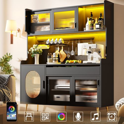 Buffet cuisine 145 cm avec LED, 5 portes, meuble de rangement moderne noir bois style industriel