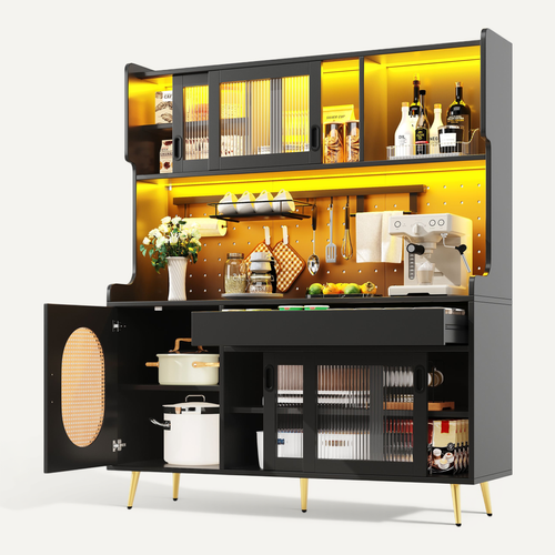 Buffet cuisine 145 cm avec LED, 5 portes, meuble de rangement moderne noir bois style industriel