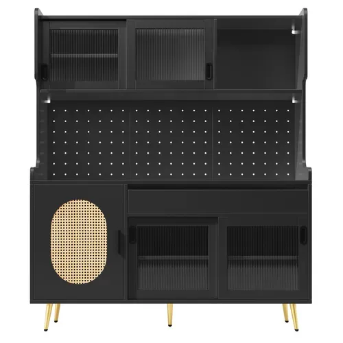 Buffet cuisine 145 cm avec LED, 5 portes, meuble de rangement moderne noir bois style industriel