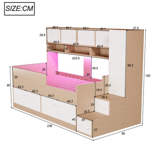 Lit combiné  90x200 Cm Avec Rangements Bois Naturel