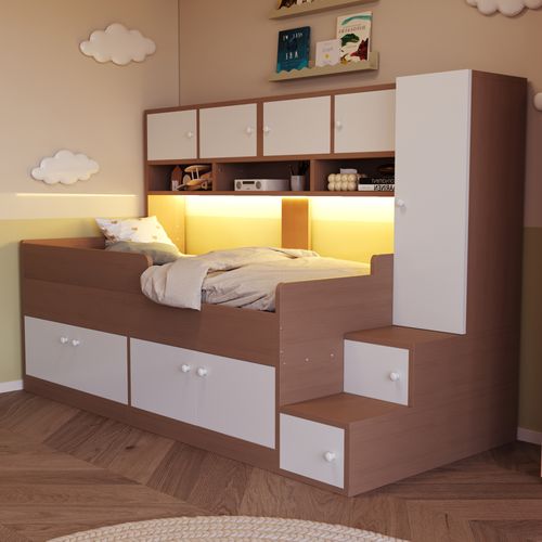 Lit combiné  90x200 Cm Avec Rangements Bois Naturel