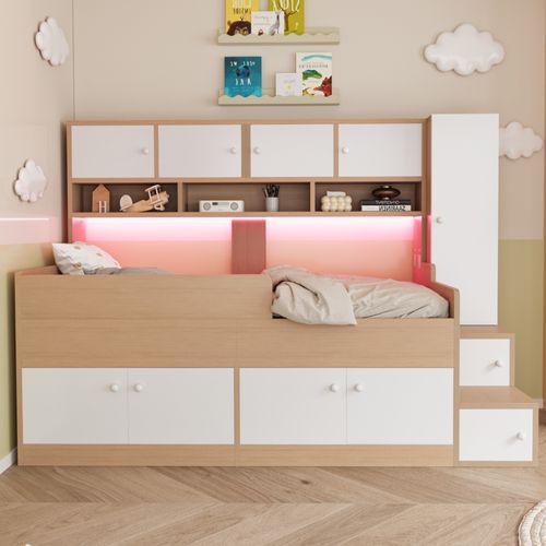Lit combiné  90x200 Cm Avec Rangements Bois Naturel