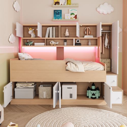 Lit combiné  90x200 Cm Avec Rangements Bois Naturel