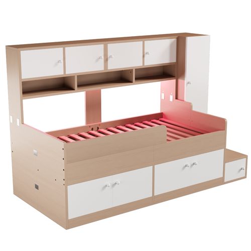 Lit combiné  90x200 Cm Avec Rangements Bois Naturel