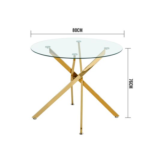 Table à Manger Ronde Dorée Avec Plateau En Verre Trempé Pour 2 à 4 Personnes