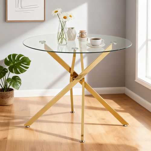 Table à Manger Ronde Dorée Avec Plateau En Verre Trempé Pour 2 à 4 Personnes