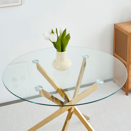 Table à Manger Ronde Dorée Avec Plateau En Verre Trempé Pour 2 à 4 Personnes
