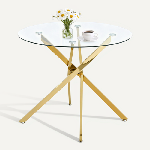 Table à Manger Ronde Dorée Avec Plateau En Verre Trempé Pour 2 à 4 Personnes
