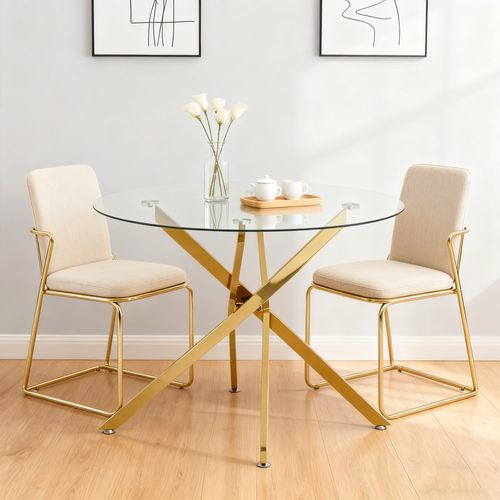 Table à Manger Ronde Dorée Avec Plateau En Verre Trempé Pour 2 à 4 Personnes