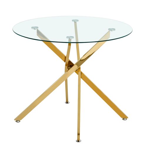 Table à Manger Ronde Dorée Avec Plateau En Verre Trempé Pour 2 à 4 Personnes
