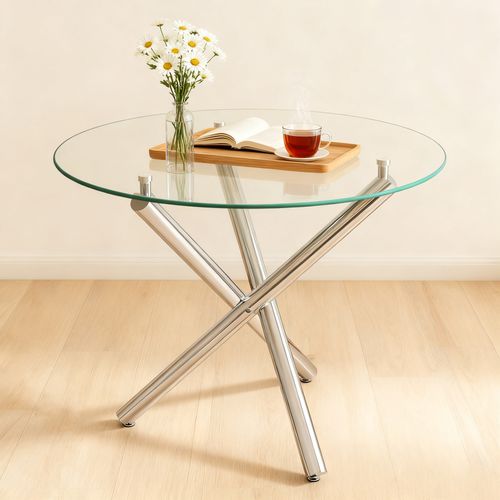 Table à Manger Ronde Verre Transparent Argent 2 à 4 Places