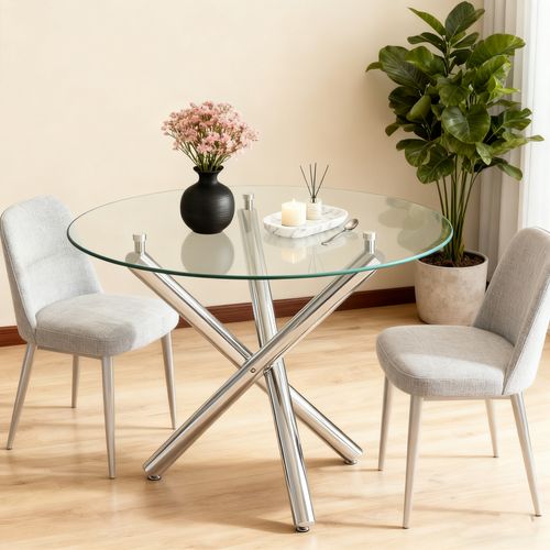 Table à Manger Ronde Verre Transparent Argent 2 à 4 Places
