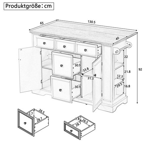 Îlot Central de Cuisine Extensible Noir 5 Tiroirs 2 Portes avec Rangement – 130,5 x 40-65 x 92 cm