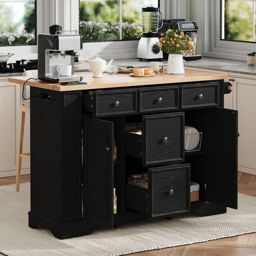 Îlot Central de Cuisine Extensible Noir 5 Tiroirs 2 Portes avec Rangement – 130,5 x 40-65 x 92 cm