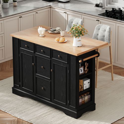 Îlot Central de Cuisine Extensible Noir 5 Tiroirs 2 Portes avec Rangement – 130,5 x 40-65 x 92 cm