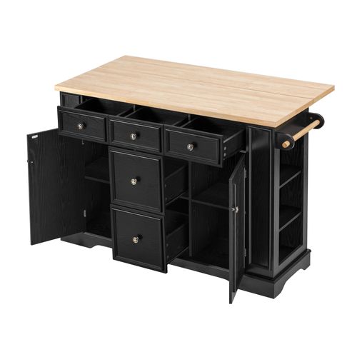 Îlot Central de Cuisine Extensible Noir 5 Tiroirs 2 Portes avec Rangement – 130,5 x 40-65 x 92 cm