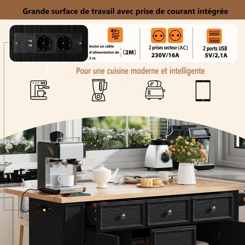 Îlot Central de Cuisine Extensible Noir 5 Tiroirs 2 Portes avec Rangement – 130,5 x 40-65 x 92 cm