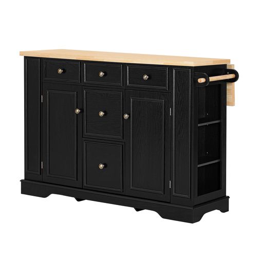 Îlot Central de Cuisine Extensible Noir 5 Tiroirs 2 Portes avec Rangement – 130,5 x 40-65 x 92 cm