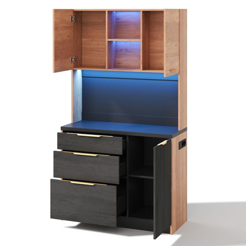 Colonne De Cuisine Coloris Neutre Avec éclairage LED Et Plan De Travail Noir