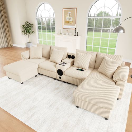 Canapé Compressé Modulaire Beige 315,5 X 144 Cm Avec Console Multimédia