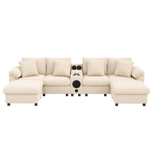 Canapé Compressé Modulaire Beige 315,5 X 144 Cm Avec Console Multimédia