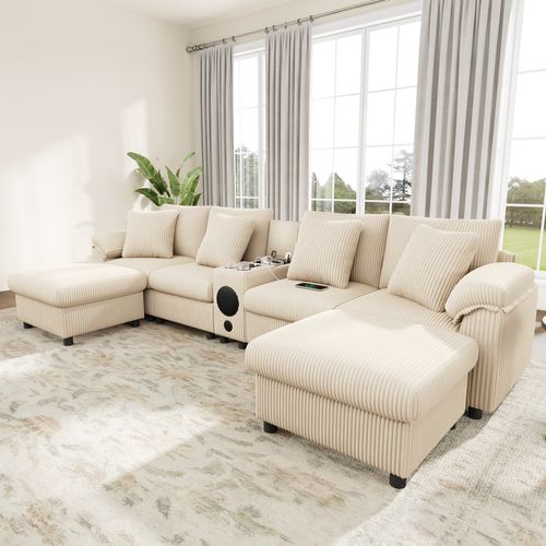 Canapé Compressé Modulaire Beige 315,5 X 144 Cm Avec Console Multimédia