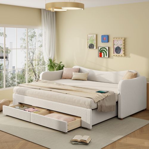 Canapé-lit 90x200/180x200 Cm Avec Structure Extensible Bouclé Beige