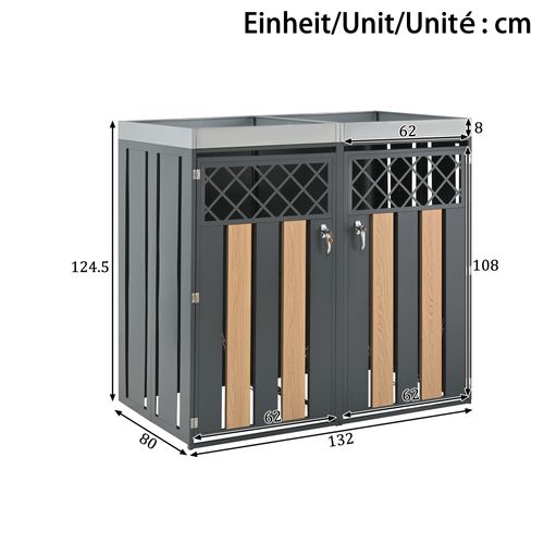Meuble Cache-poubelles 2 Compartiments Avec Bac à Plantes Intégré, Acier Galvanisé