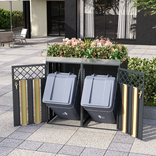 Meuble Cache-poubelles 2 Compartiments Avec Bac à Plantes Intégré, Acier Galvanisé