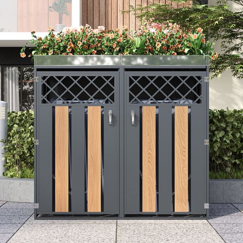 Meuble Cache-poubelles 2 Compartiments Avec Bac à Plantes Intégré, Acier Galvanisé