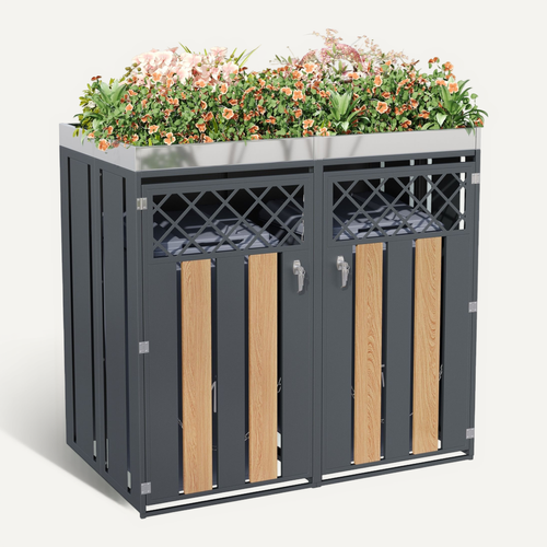 Meuble Cache-poubelles 2 Compartiments Avec Bac à Plantes Intégré, Acier Galvanisé