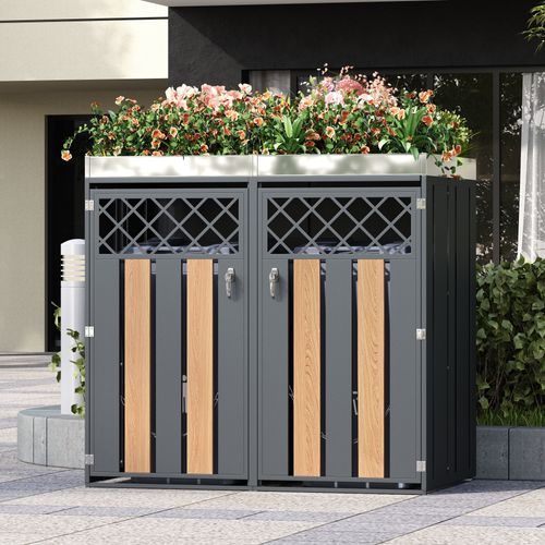 Meuble Cache-poubelles 2 Compartiments Avec Bac à Plantes Intégré, Acier Galvanisé