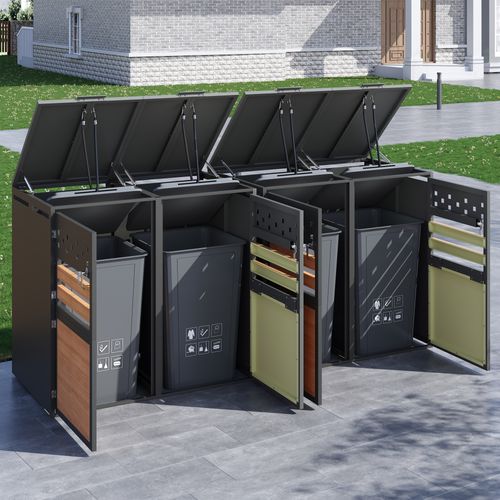 Armoire Cache-poubelles 4 Compartiments Avec Couvercle Hydraulique Et Portes Verrouillables Grise