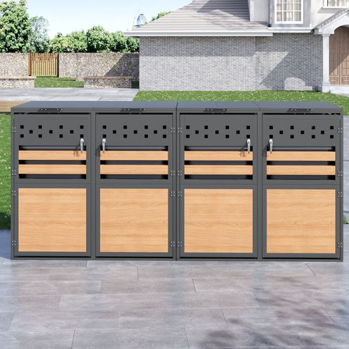 Armoire Cache-poubelles 4 Compartiments Avec Couvercle Hydraulique Et Portes Verrouillables Grise